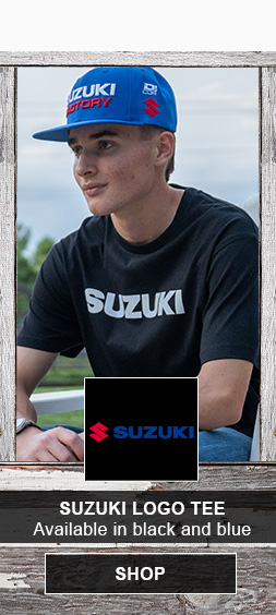 Suzuki logo tee, available in black and blue, SHOP